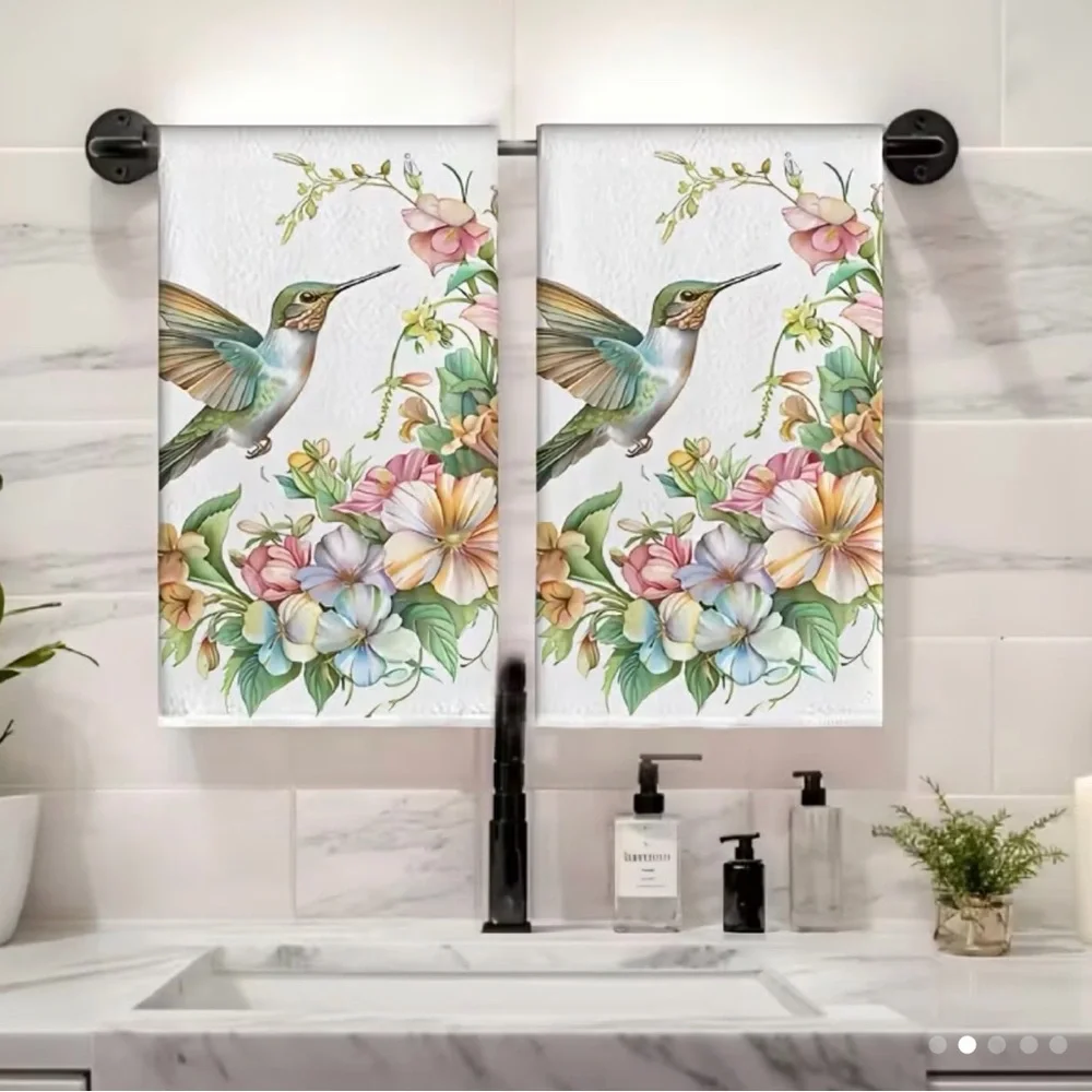 2pcs Kitchen or bathroom hand Towel hummingbird & floral design cottagecore
